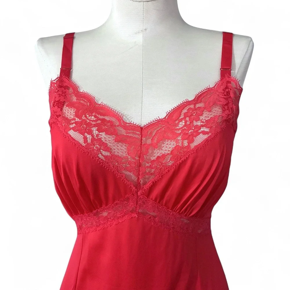 1960s Crimson Red Nylon Slip Dress Small - Picture 4 of 9